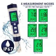 Уред за проверка качеството на водата 5-в-1 за pH,TDS,EC, соленост, температура WQM-303 eTop