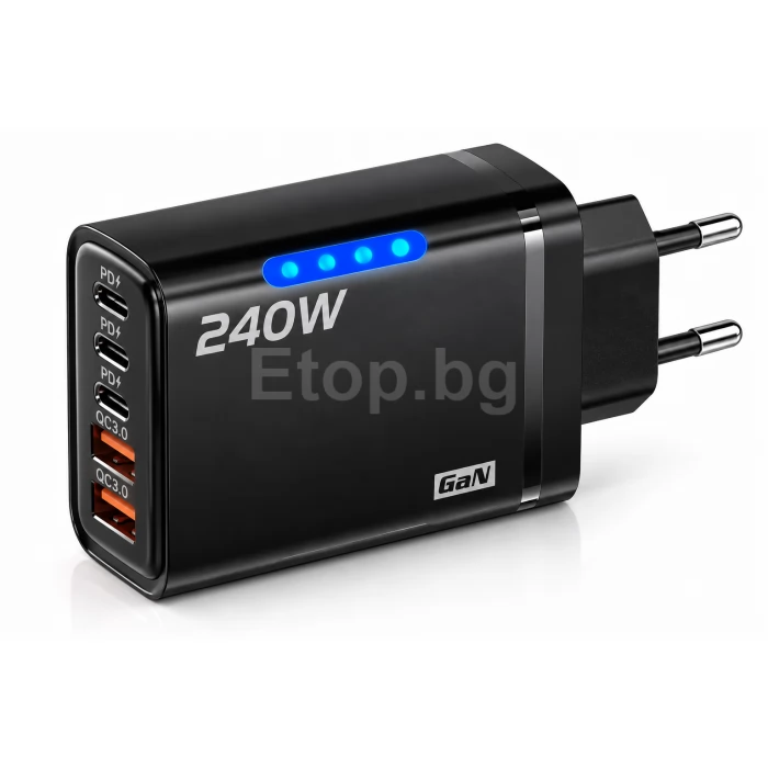 GaN USB зарядно, 3 USB Type-C, 2 USB-A QC 3.0, общо 240W, черен цвят