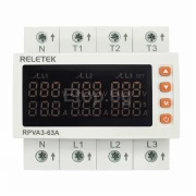Reletek RPVA3-63A трифазен защитен модул за напрежение и ток 3P+N 50–450V до 63A DIN монтаж RPVA3-63A Reletek